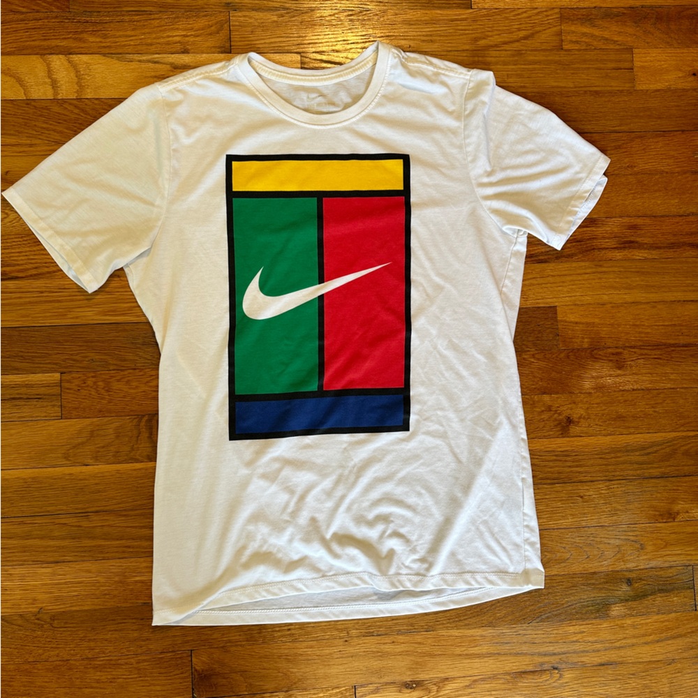 Nike Sportswear White Graphic Tee | Multicolor Block Logo | Size M